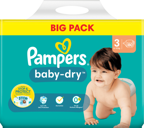 Pampers baby-dry taille 3 - BIG PACK - 80 pièces - 6 à 10 kg - 12h de  protection