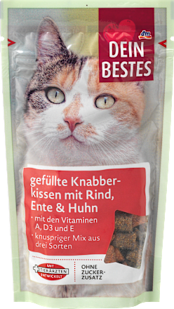 Dein Bestes Katzenleckerli, gefüllte Knabberkissen mit Rind, Ente & Huhn, 65 g