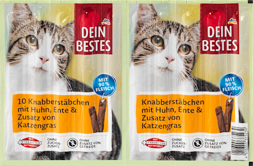 Dein Bestes Katzenleckerli, Knabberstäbchen mit Huhn, Ente & Katzengras (10 Stück), 50 g