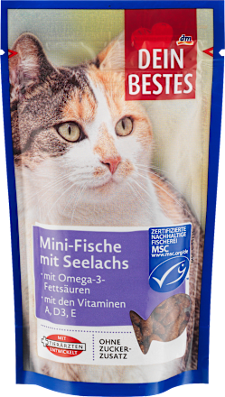 Dein BestesKatzenleckerli Mini-Fische mit Seelachs & Omega-3-Fettsäuren, MSC zertifiziert, 65 gErgänzungsfuttermittel
