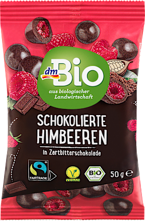 dmBioschokolierte Himbeeren in Zartbitter, 50 g