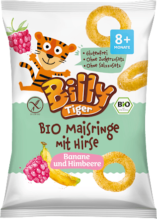 Billy TigerKindersnack Maisringe mit Hirse, Banane und Himbeere, ab 8 Monaten, 25 g