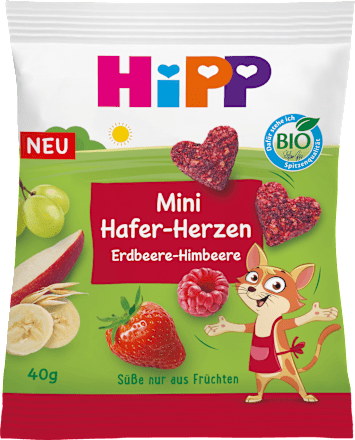HiPPKindersnack Mini Hafer-Herzen Erdbeere-Himbeere, ab 1 Jahr, 40 gBeikost