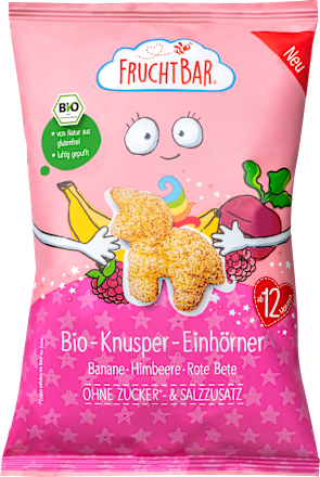 FruchtBarKindersnack Knusper-Einhörner, Mais, Himbeere, Banane, Rote Bete, ab 12 Monaten, 30 gDiätetisches Lebensmittel