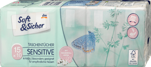 Soft&SicherTaschentücher sensitive 4-lagig (15x10 Stück), 15 St