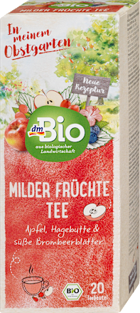 dmBioFrüchtetee Milde Früchte mit Apfel, Hagebutte & süße Brombeerblätter (20 Beutel), 50 g