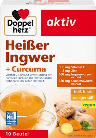 DoppelherzHeißer Ingwer + Kurkuma Heißgetränk (10 Stück), vegan, 100 gNahrungsergänzungsmittel