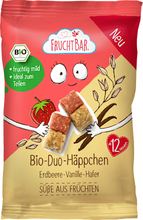 FruchtBarKindersnack Duo-Häppchen mit Erdbeere, Vanille & Hafer, ab 12 Monaten, 40 g