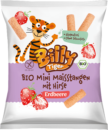 Billy TigerKindersnack Mini Maisstangen mit Hirse Erdbeere ab 3 Jahren, 30 g