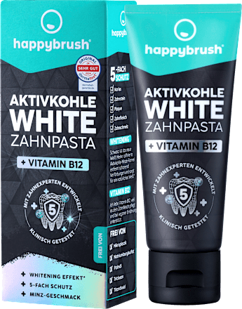 happybrushZahnpasta Aktivkohle White mit Vit. B12, 75 ml