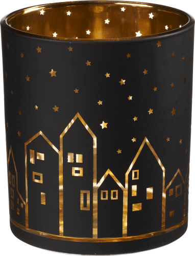 Kerzenhalter mit Häuserreihe, schwarz-gold, 1 St