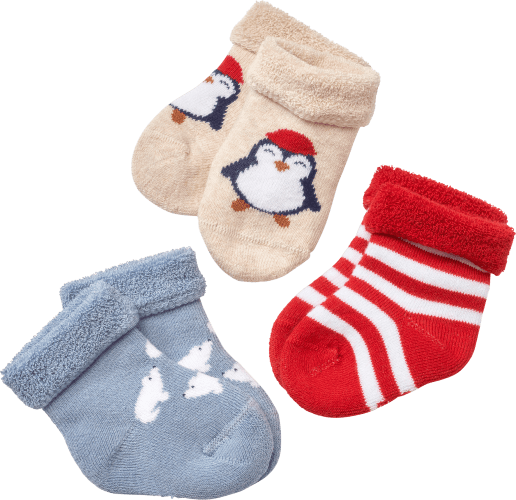 Socken mit Pinguin- und Eisbär-Motiv, beige + blau + rot, Gr. 13/14, 3 St