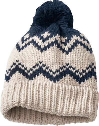 Mütze aus Strick mit Bommel, blau & beige, Gr. 48/49, 1 St
