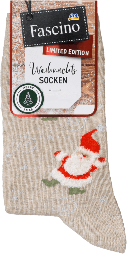 Socken XMAS mit Weihnachtsmann-Motiv, beige, Gr. 35-38, 1 St