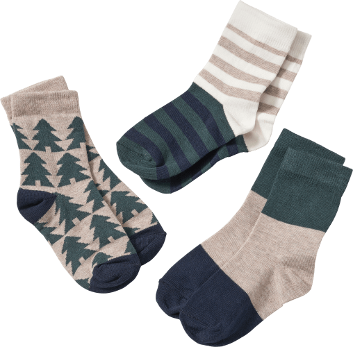 Socken mit Tannen-Muster + Ringeln, beige & grün, Gr. 27/29, 3 St