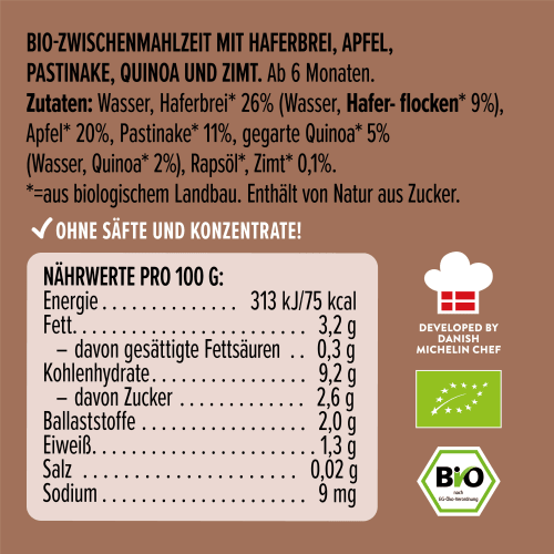 Quetschie Haferbrei, Apfel, Pastinake, Quinoa und 6 Zimt, Monaten, g ab 100