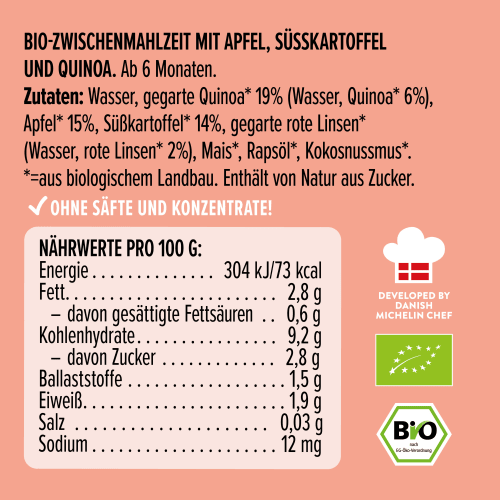 Quetschie Apfel, Süßkartoffel und Monaten, Quinoa, g 6 ab 100