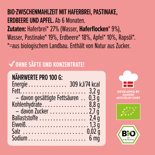 Quetschie Haferbrei, Pastinake, 100 ab g Monaten, 6 Apfel, Erdbeere und