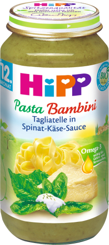 Kindermenü Pasta Bambini Monat, 250 ab g Tagliatelle 12. Spinat-Käse-Sauce in