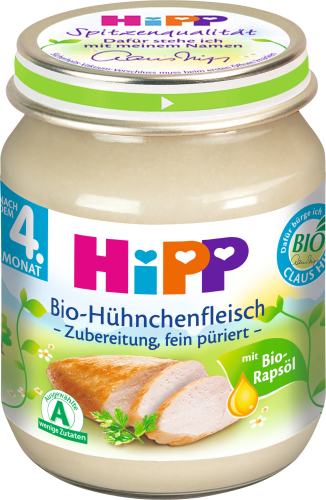 Zubereitung Bio-Hühnchenfleisch fein püriert nach dem 4. Monat, 125 g | Babygläschen & Co.