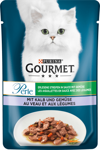 Nassfutter Katze mit Kalb & Gemüse, Perle - erlesene Streifen in Sauce, 85 g