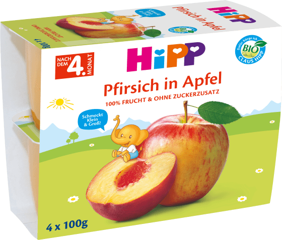 Früchtebecher Pfirsich in Apfel, 4x100g, 0,4 kg