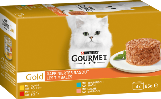 Nassfutter Katze mit Huhn, Rind, Thunfisch & Lachs, Gold - raffiniertes Ragout, Multipack (4x85 g), 340 g