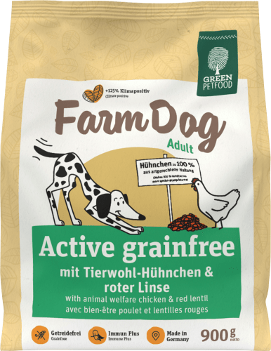 Trockenfutter Hund mit Tierschutzhühnchen & roten Linsen, FarmDog Active grainfree, Adult, 900 g