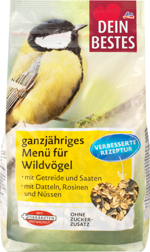 Vogelfutter, ganzjähriges Menü für Wildvögel mit Getreide, Saaten & Datteln, 1 kg