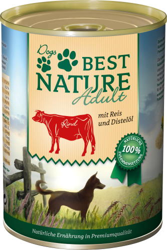 Nassfutter für Hunde, 400 g und Reis Rind, Adult, Distelöl
