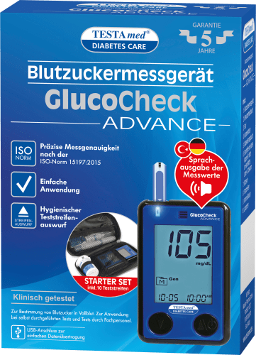 mit St Sprachausgabe, GlucoCheck ADVANCE Blutzuckermessgerät 1