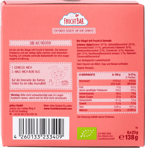 Fruchtriegel Erdbeere, Apfel, Hafer ab Monaten g), g 138 12 (6x23
