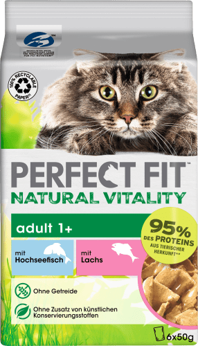Nassfutter Katze mit Hochseefisch & 300 (6x50 g vitality, g), Multipack Lachs, natural