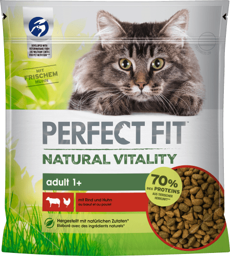 natural Huhn, Adult, mit Rind Trockenfutter 650 g vitality, & Katze