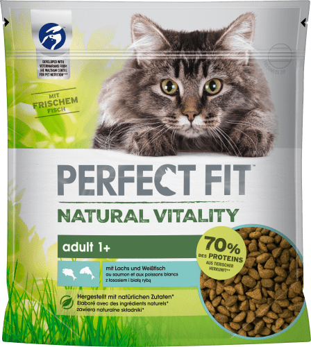Trockenfutter Katze mit Lachs & vitality, Weißfisch, Adult, 650 g natural