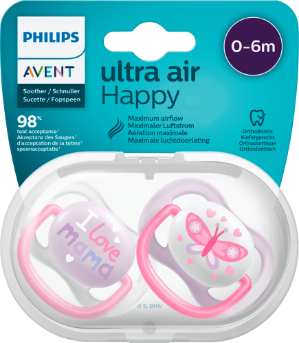 Schnuller ultra air happy Silikon, rosa/lila, 0-6 Monate, 2 St