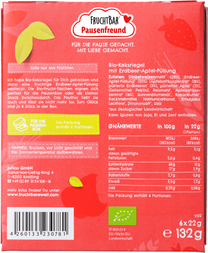 Kindersnack Pausenfreund 3 (6x22 ab 132 Jahren g Frucht-Tasche, Erdbeere, Dinkel, g), Apfel