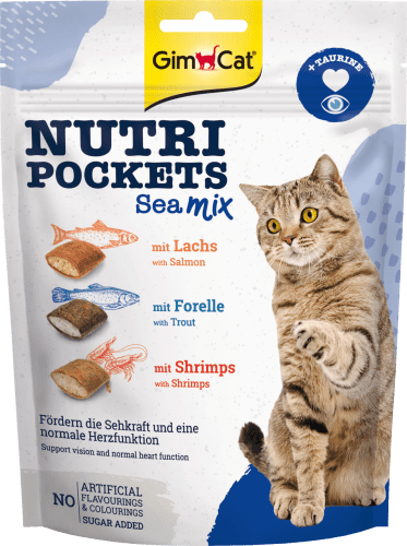 Katzenleckerli mit Lachs, Meeres Mix, 150 Nutri Shrimps, g & Forelle Pockets