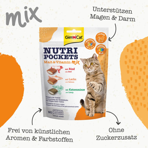 Katzenleckerli mit Rind, Lachs Mix, Malz-Vitamin g Pockets & Nutri Katzenminze, 150