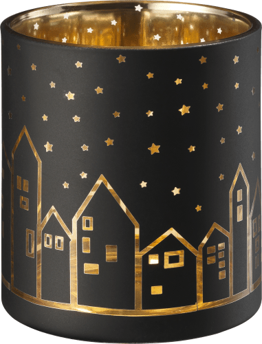 Glaskerzenhalter schwarz-gold, 1 Häuserreihe St mit
