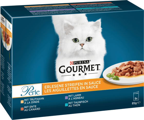 Nassfutter Katze, Truthahn, Ente, Lamm, Thunfisch, Perle - erlesene Streifen in Sauce, Multipack (8x85  g), 680 g