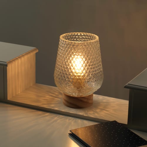St 1 in Diamantoptik, Glas LED Lampe Bambusfuß aus natur,