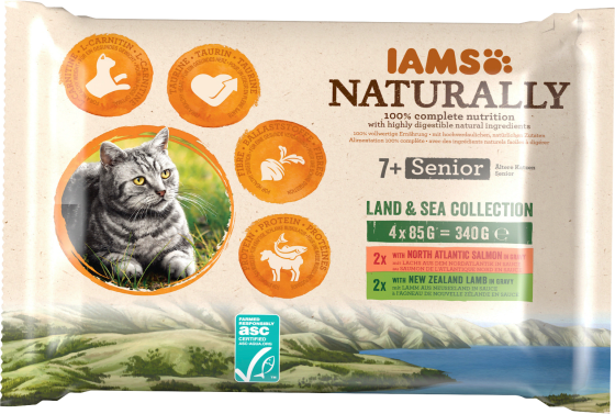 Naturally 340 Lamm Multipack Lachs & g g), (4x85 Nassfutter Katze Senior Mix,