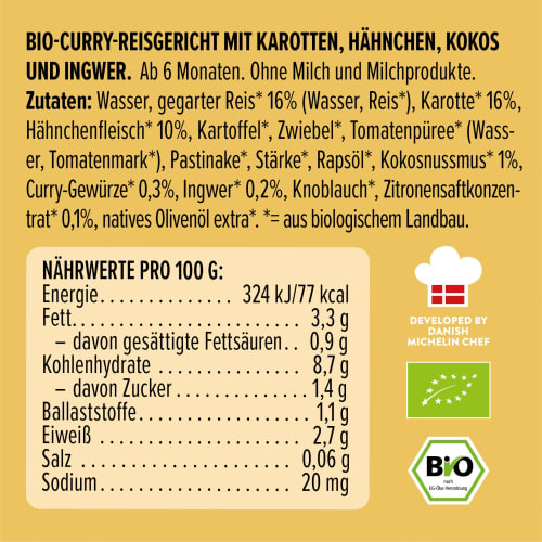Menü Curry Reisgericht g 6 Kokos, Hähnchen, Ingwer, ab 185 Monaten, Karotte