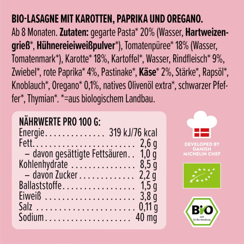 Menü Lasagne 185 8 ab Paprika, Monaten, Oregano, Karotten, mit g