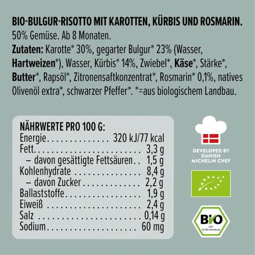 Kürbis, mit Bulgur Karotten, Rosmarin, Risotto Menü ab 8 Monaten, g 185