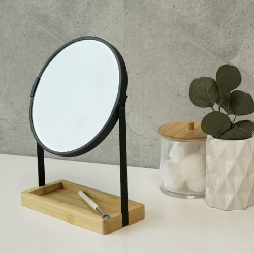 Standspiegel Metall/Bambus schwarz mit Ablageschale, 1 St