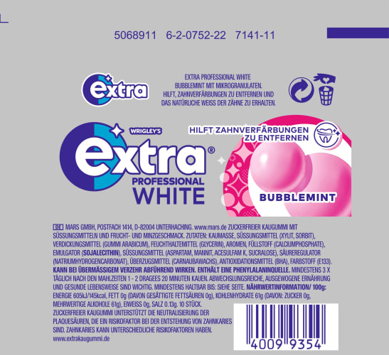 Kaugummi Extra St 10 Bubblemint, White, Professional zuckerfrei