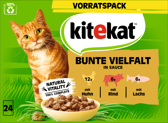 bunte Nassfutter & Katze mit Huhn, Multipack in Soße, Rind Lachs, (24x85 Vielfalt 2040 g g),