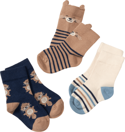 Socken mit Otter-Motiv + Ringeln, beige & blau, Gr. 27/29, 3 St